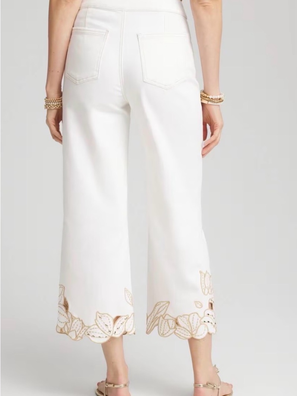 Chico’s White Cropped Wide-Leg Pants with Gold Floral Embroidery Cutouts - Picture 2 of 9